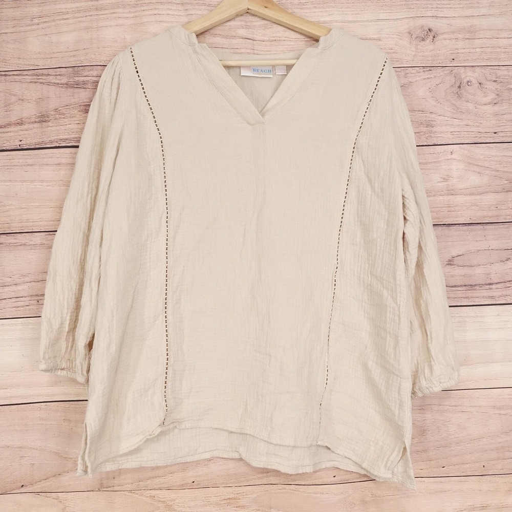 Belle Beach Kim Gravel Blouse Womens M Long Sleeve Tunic V-Neck Crochet Top